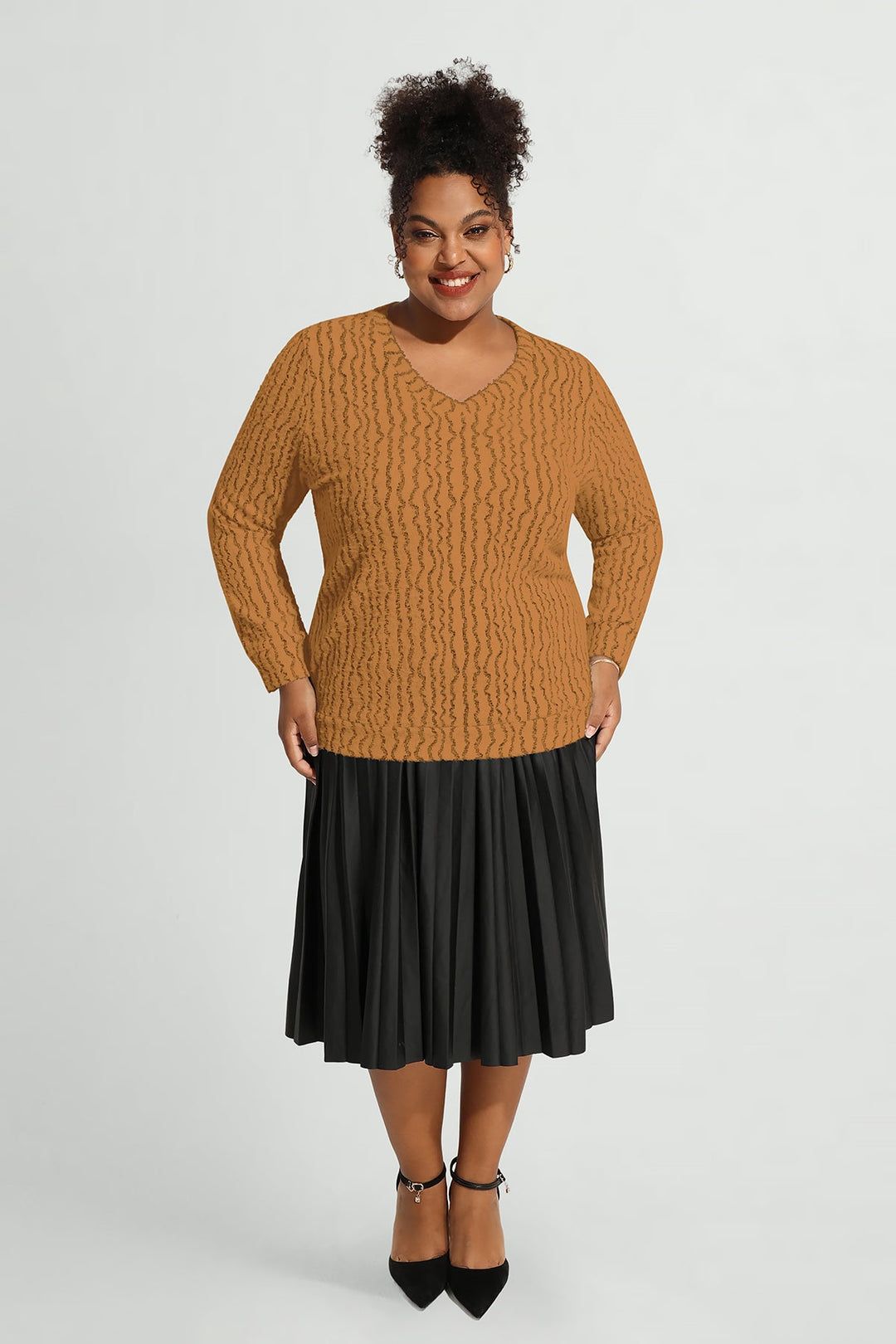 Solid V Neck Knit Velvet Long Sleeve Pullover Sweater