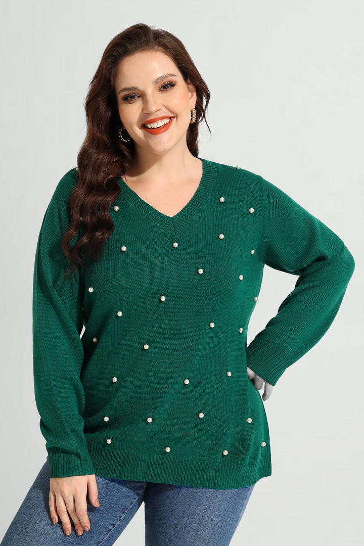 Pearl Embellished V Neck knit Long Sleeve Sweater