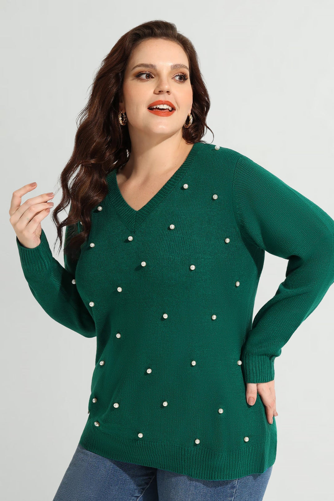 Pearl Embellished V Neck knit Long Sleeve Sweater