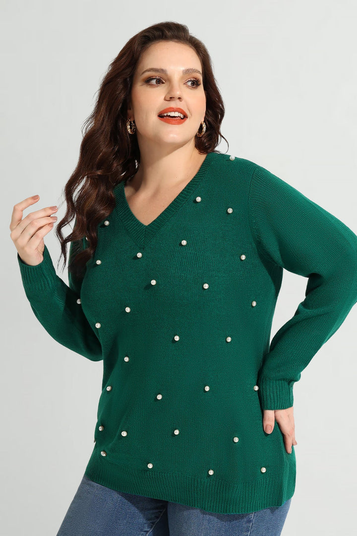 Pearl Embellished V Neck knit Long Sleeve Sweater