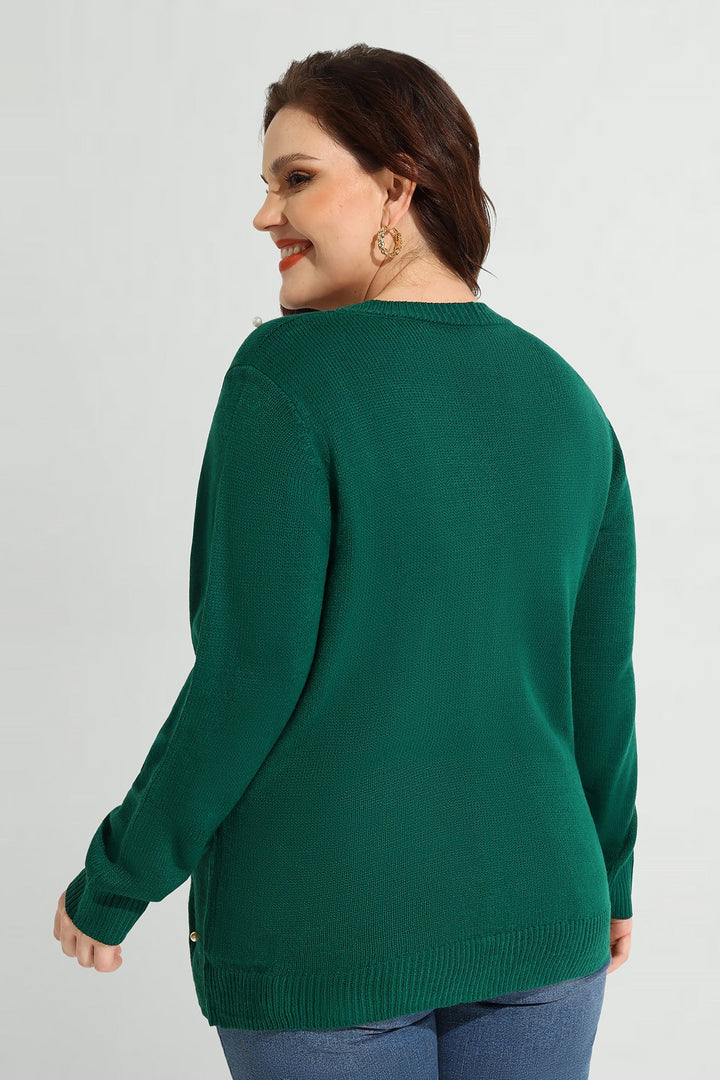 Pearl Embellished V Neck knit Long Sleeve Sweater