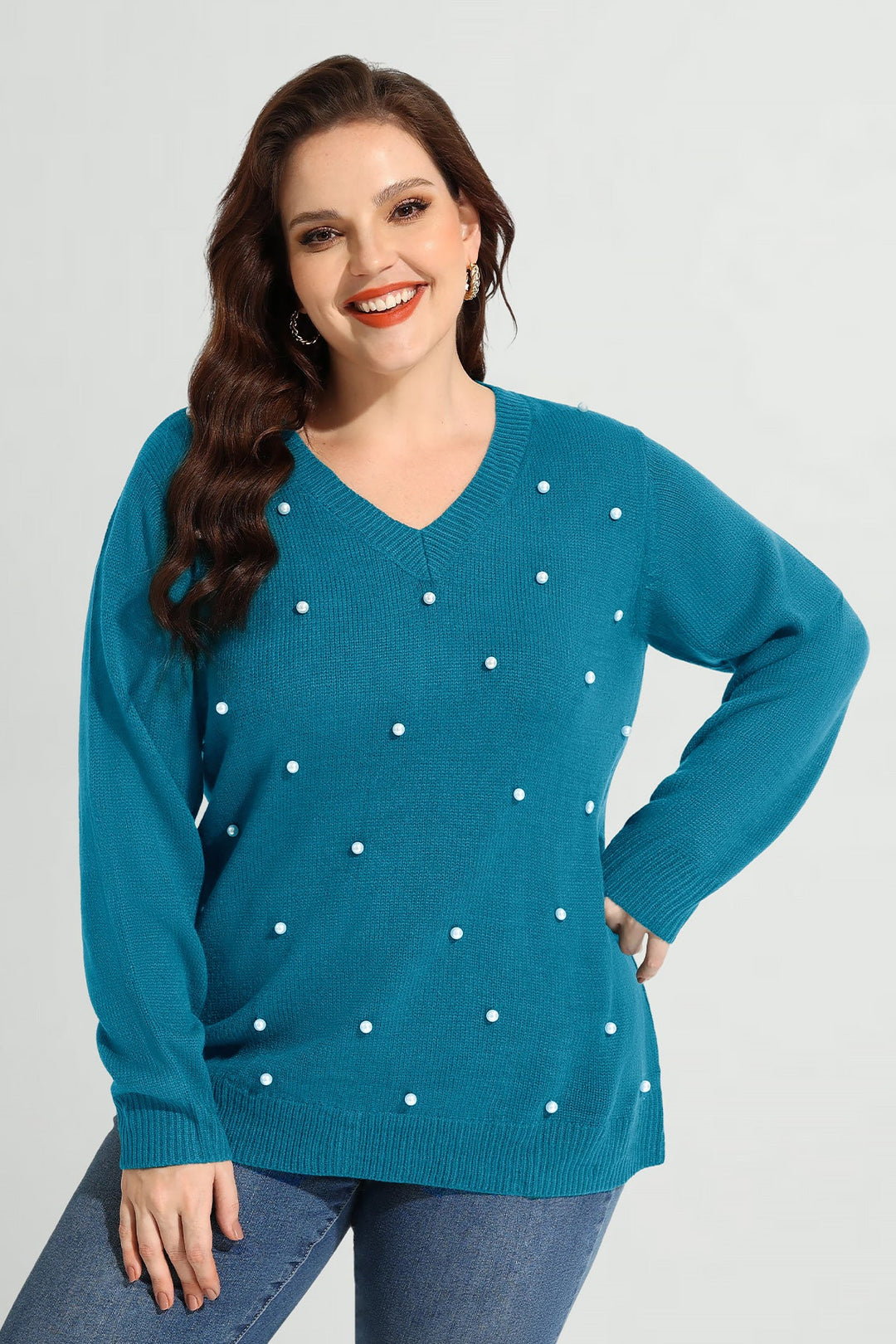 Pearl Embellished V Neck knit Long Sleeve Sweater