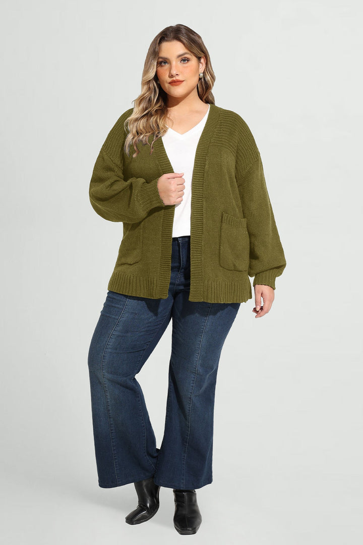 Olive Green Cozy Open Front Ribbed Knit Cardigan
