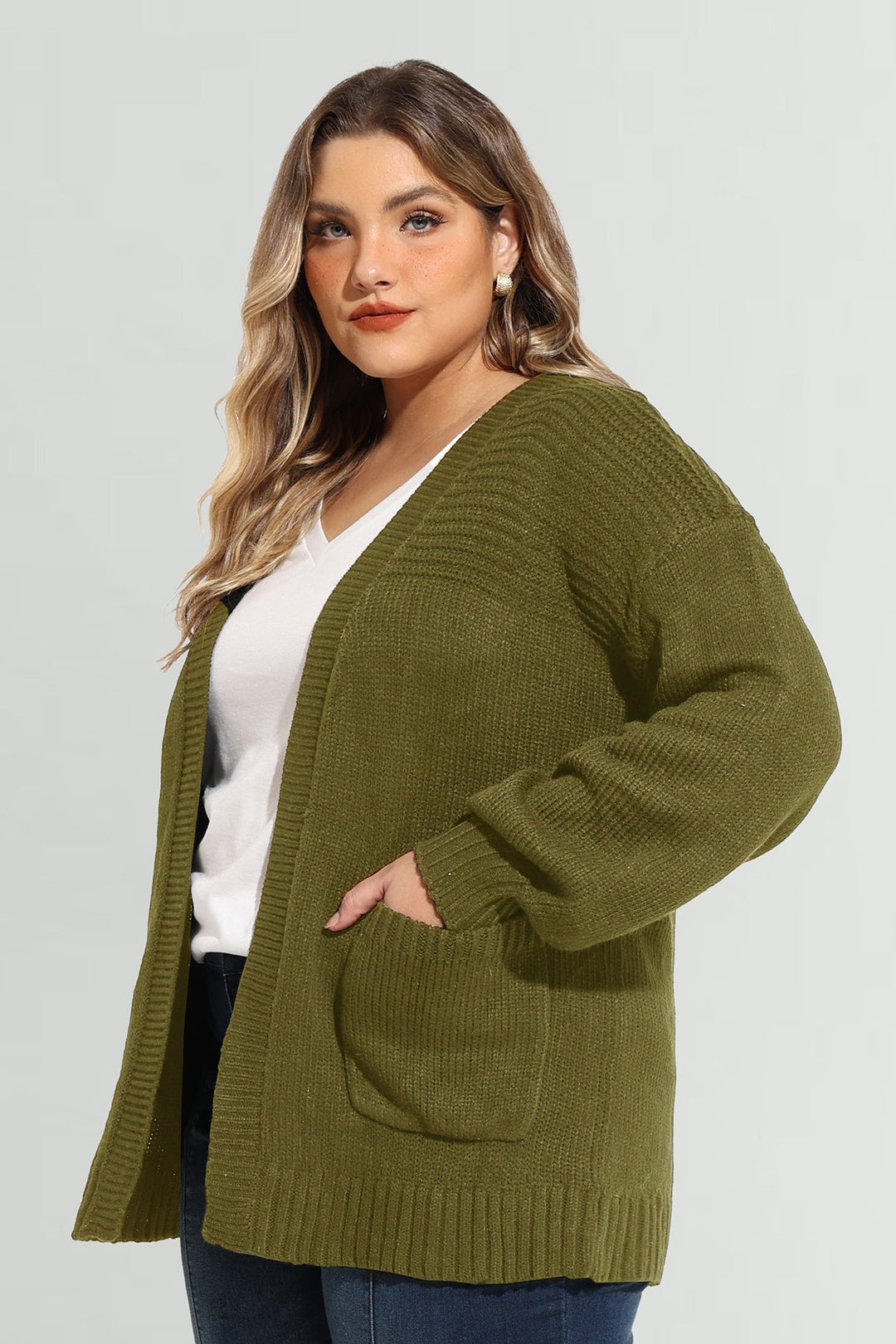 Olive Green Cozy Open Front Ribbed Knit Cardigan
