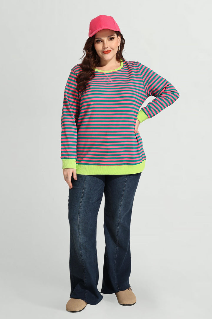 Stripe Patchwork Elastic Long Sleeve Sweatshirt