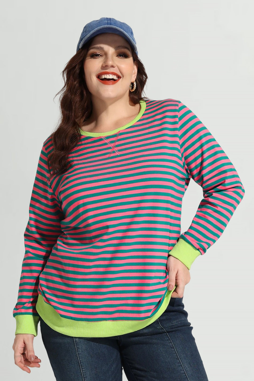 Stripe Patchwork Elastic Long Sleeve Sweatshirt
