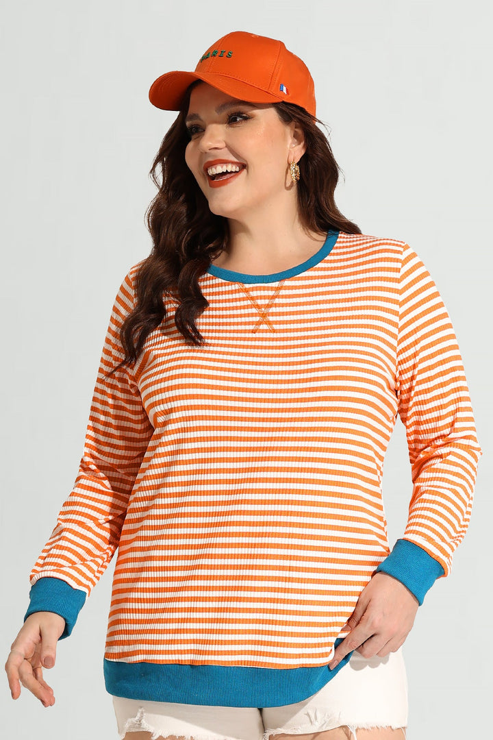 Stripe Patchwork Elastic Long Sleeve Sweatshirt