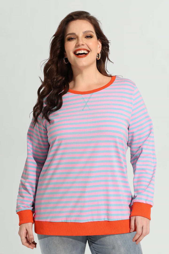 Stripe Patchwork Elastic Long Sleeve Sweatshirt