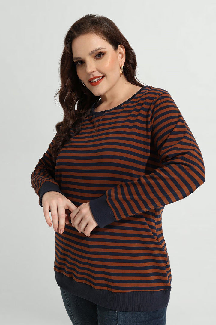 Stripe Patchwork Elastic Long Sleeve Sweatshirt