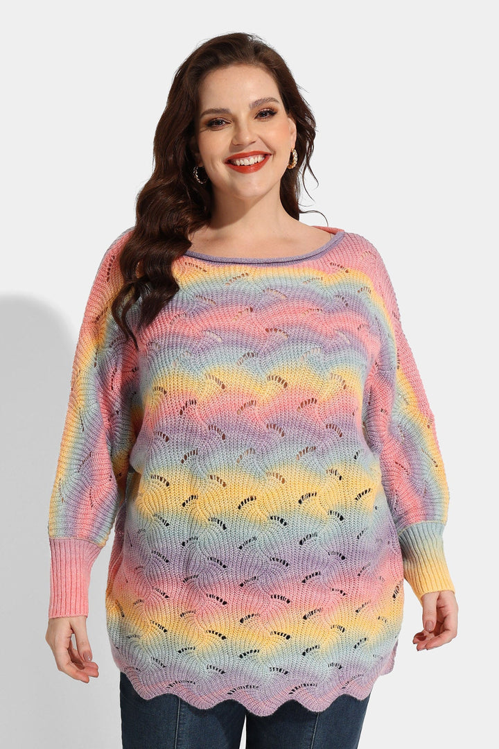 Colorblock Rainbow Hollow Out Bat Long Sleeve Sweater