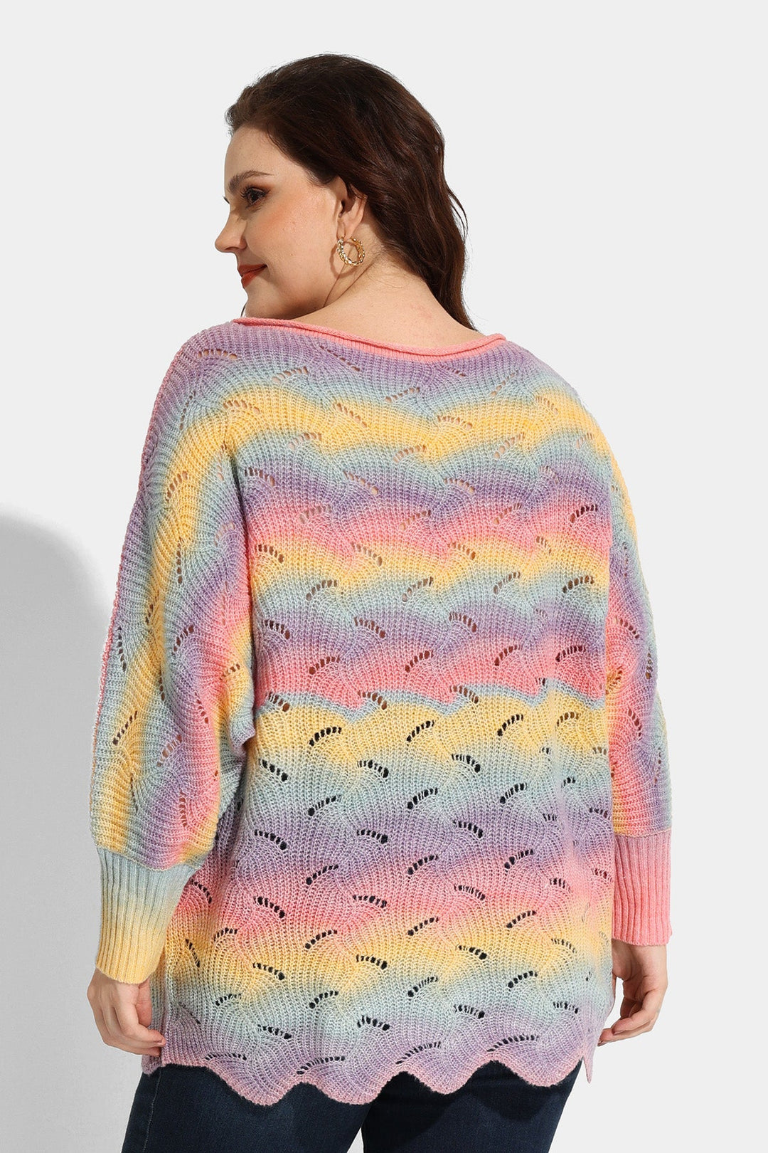 Colorblock Rainbow Hollow Out Bat Long Sleeve Sweater