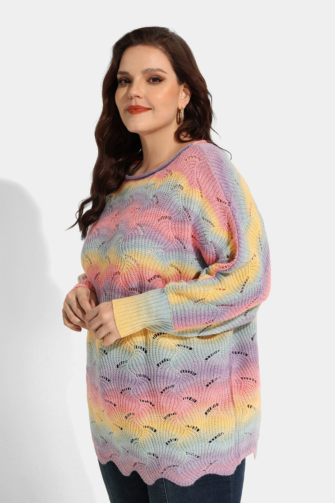 Colorblock Rainbow Hollow Out Bat Long Sleeve Sweater