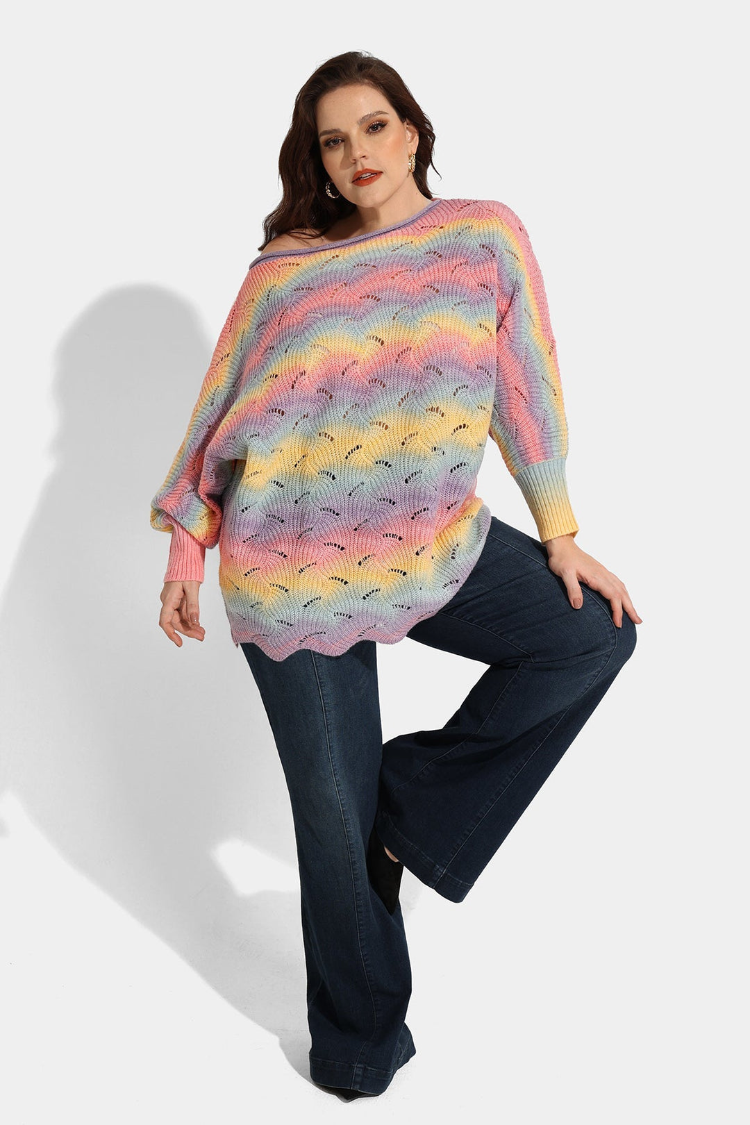 Colorblock Rainbow Hollow Out Bat Long Sleeve Sweater
