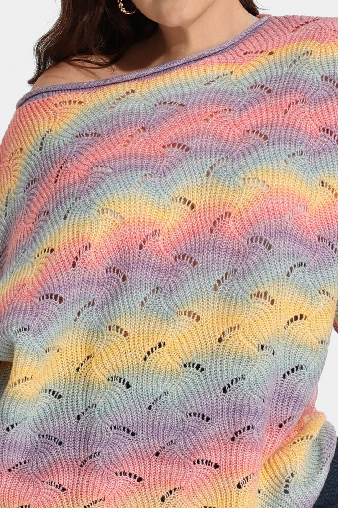 Colorblock Rainbow Hollow Out Bat Long Sleeve Sweater