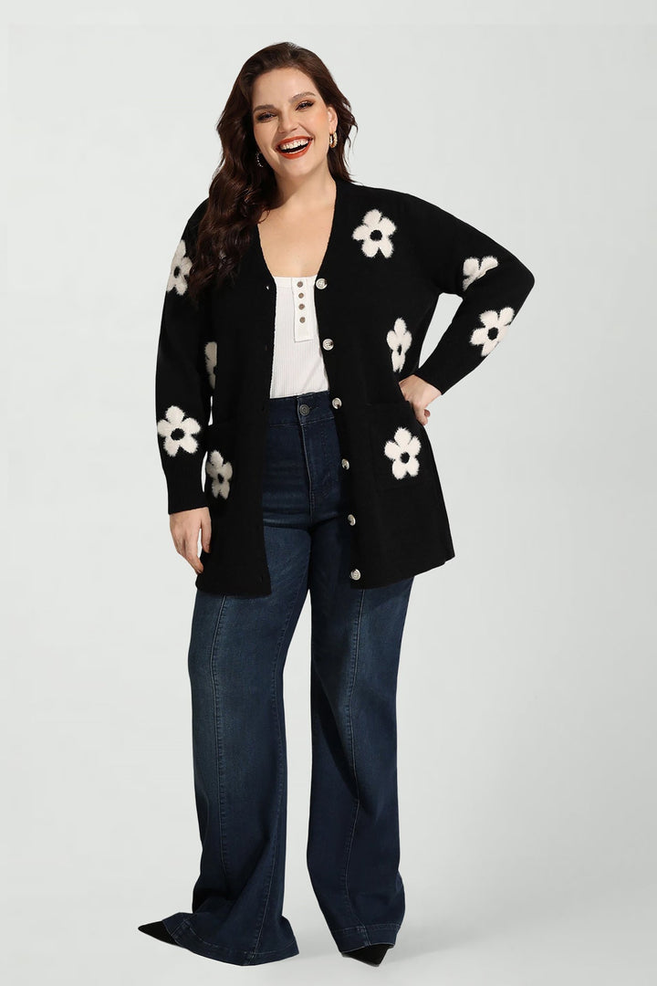 Pockets Daisy Floral Knit Button-Up Sweater