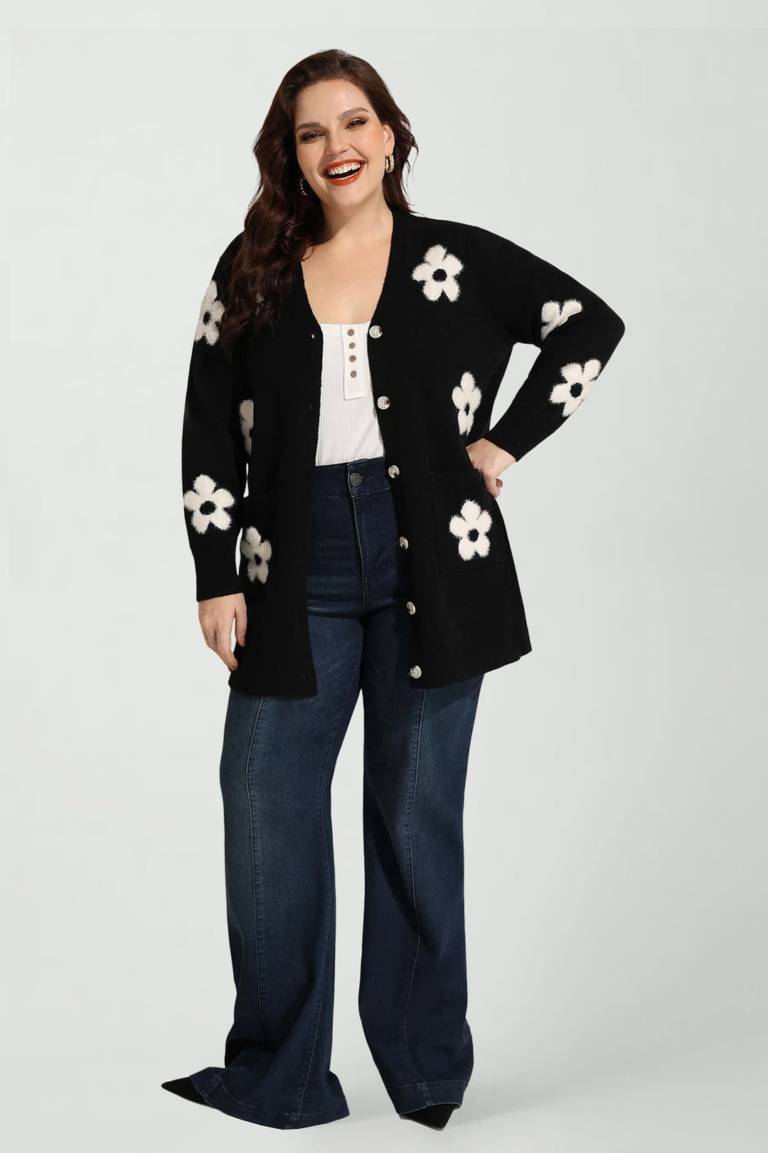 Pockets Daisy Floral Knit Button-Up Sweater