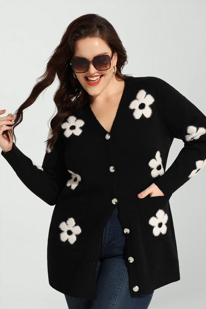 Pockets Daisy Floral Knit Button-Up Sweater