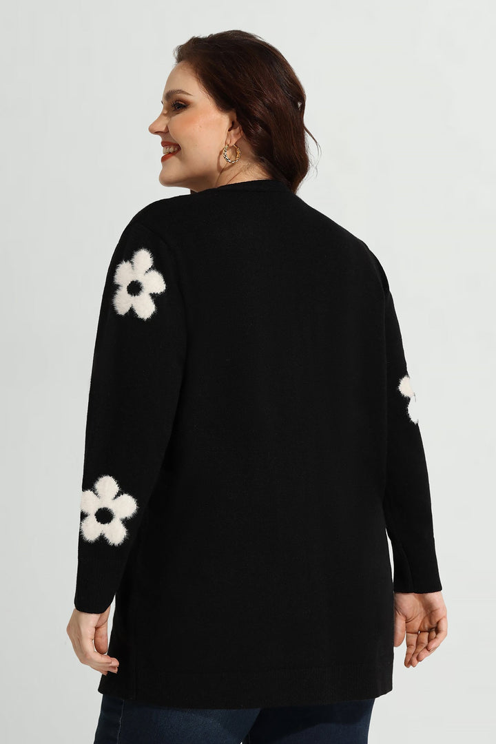 Pockets Daisy Floral Knit Button-Up Sweater