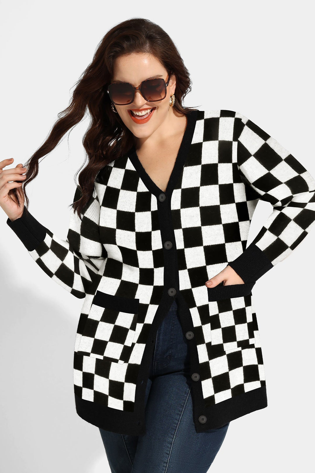 Plaid Checker Pocket Open Front Knitwear Sweater