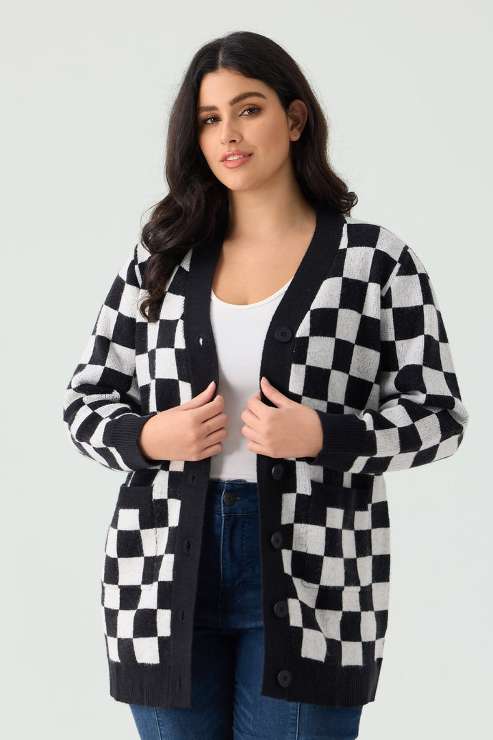 Plaid Checker Pocket Open Front Knitwear Sweater