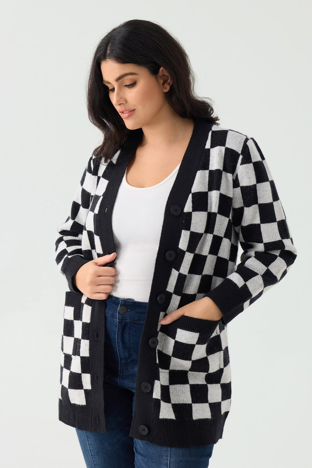 Plaid Checker Pocket Open Front Knitwear Sweater