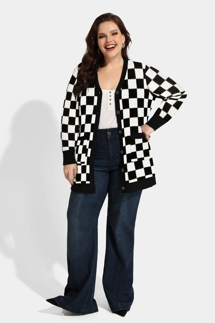 Plaid Checker Pocket Open Front Knitwear Sweater