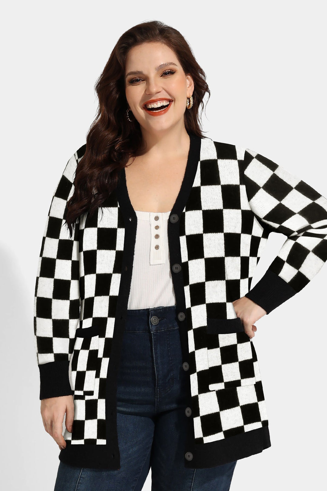 Plaid Checker Pocket Open Front Knitwear Sweater