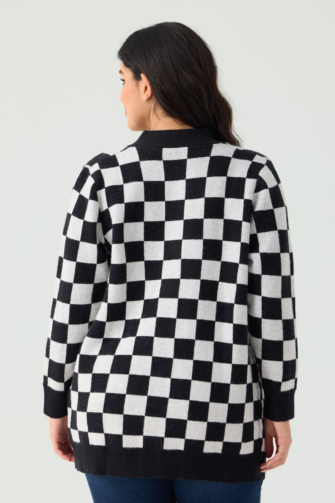 Plaid Checker Pocket Open Front Knitwear Sweater