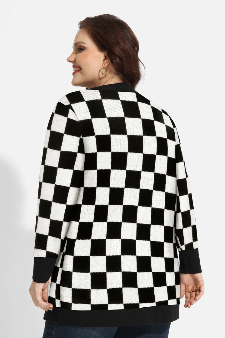 Plaid Checker Pocket Open Front Knitwear Sweater