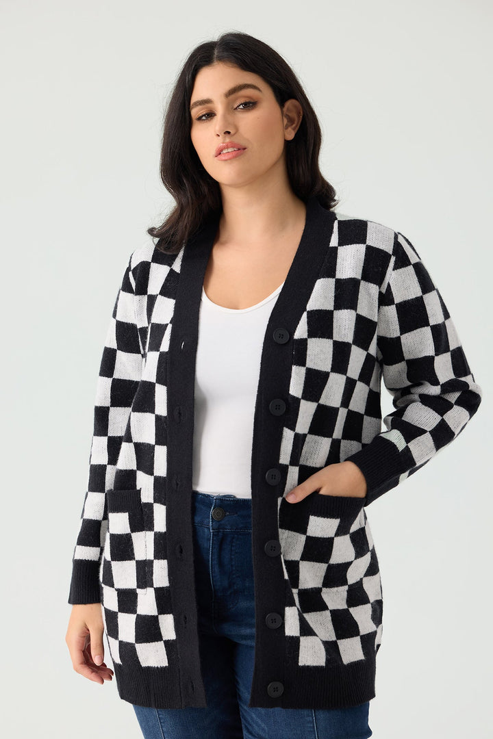 Plaid Checker Pocket Open Front Knitwear Sweater