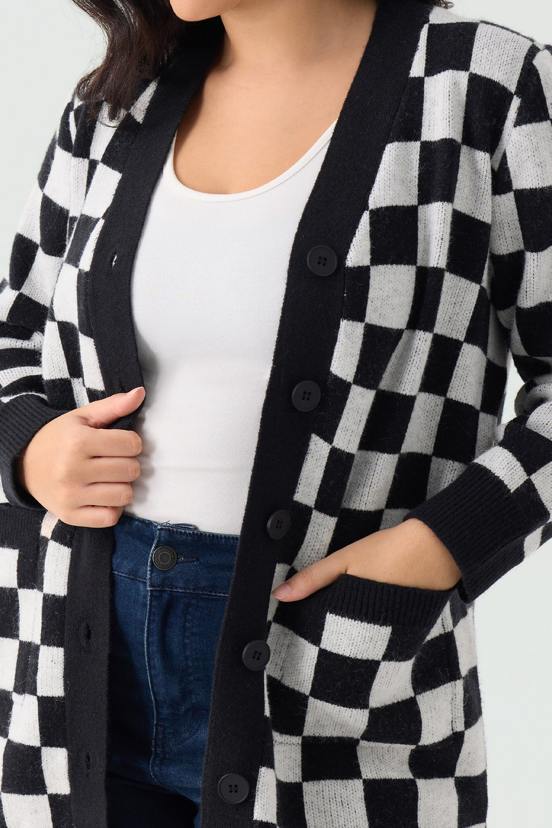 Plaid Checker Pocket Open Front Knitwear Sweater