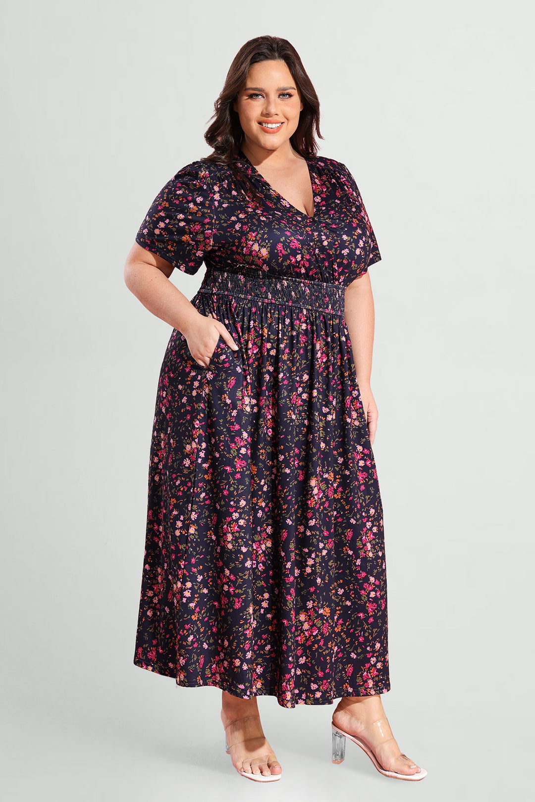 Pockets Elasticated Waist Floral A-line Maxi Dress