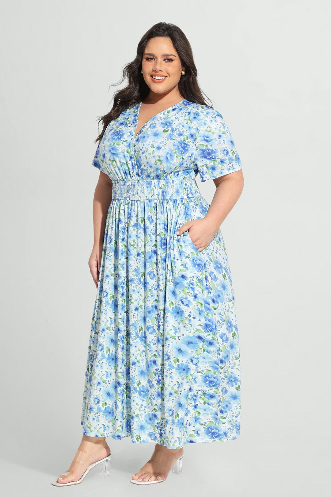 Pockets Elasticated Waist Floral A-line Maxi Dress