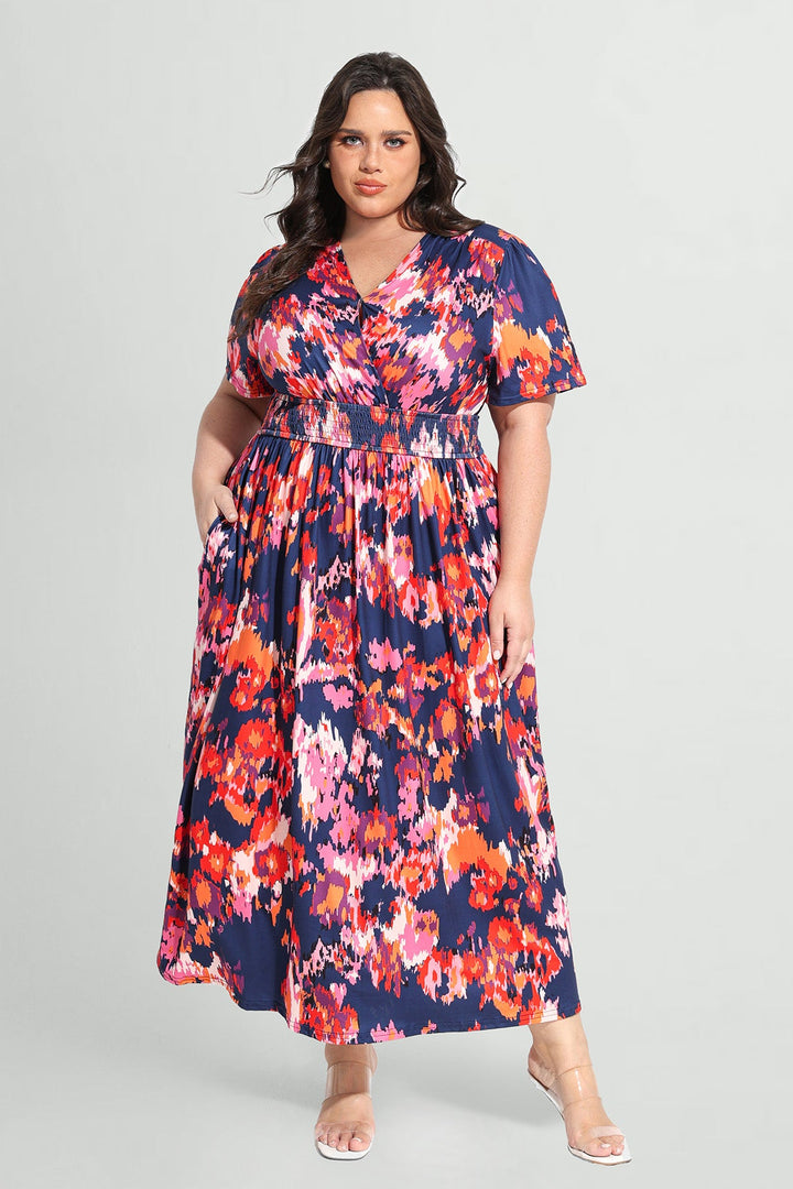 Pockets Elasticated Waist Pink Floral A-line Maxi Dress