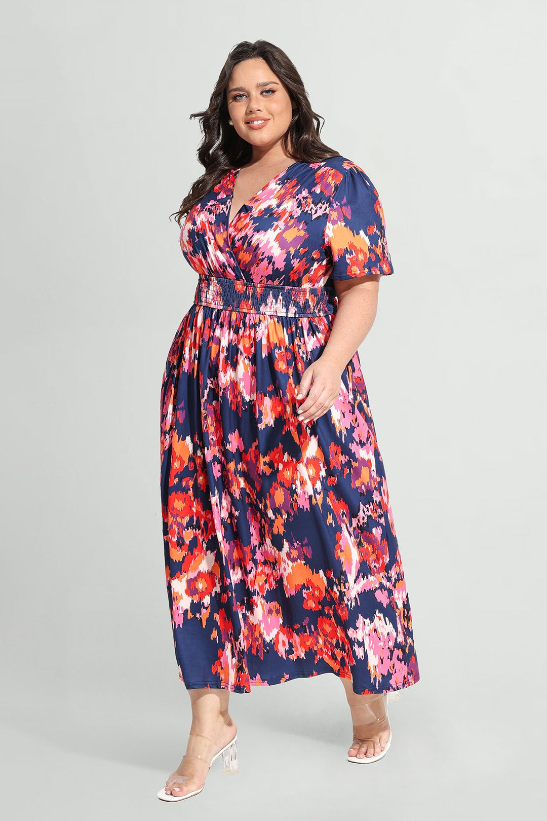 Pockets Elasticated Waist Pink Floral A-line Maxi Dress