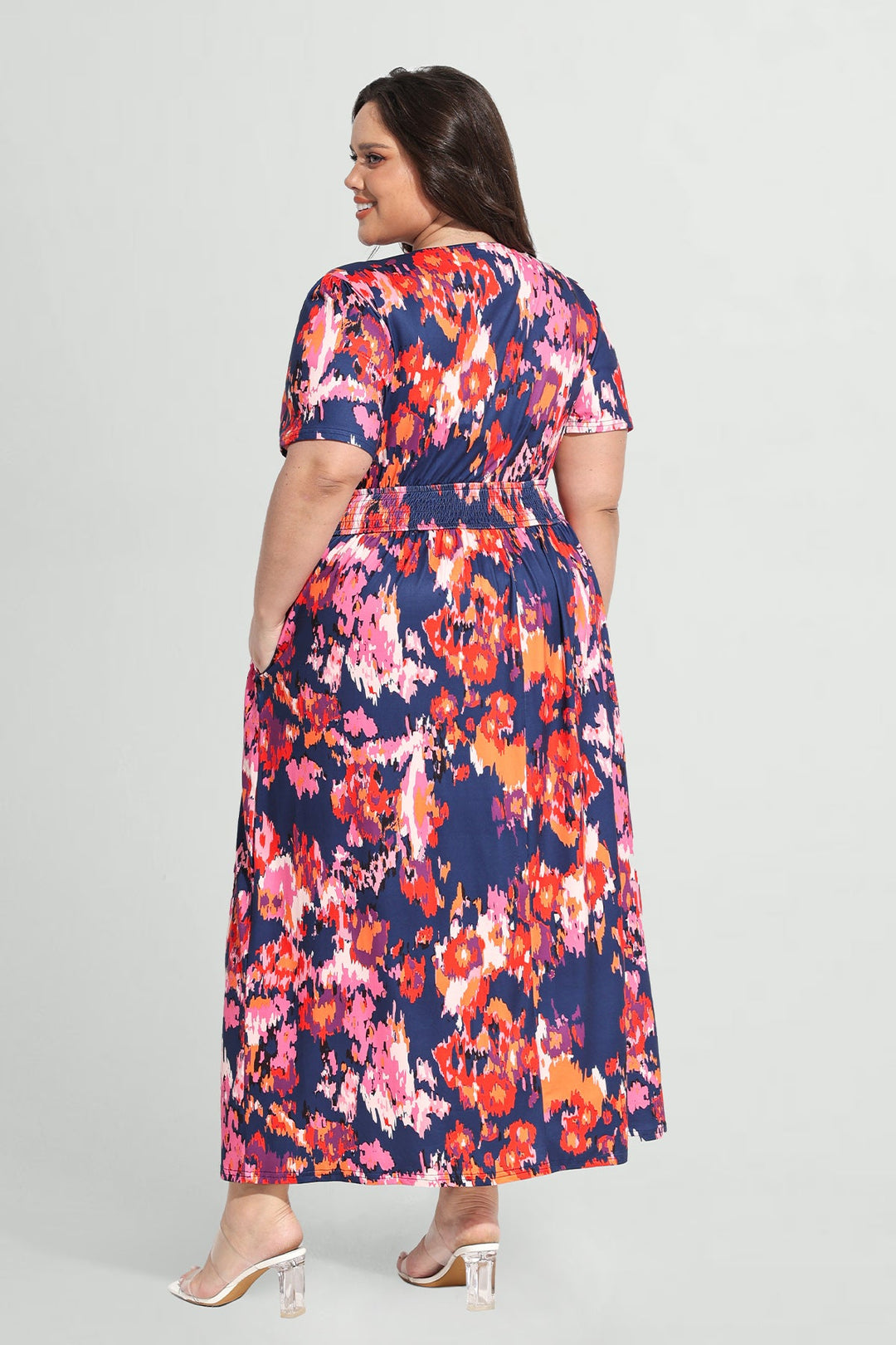 Pockets Elasticated Waist Pink Floral A-line Maxi Dress