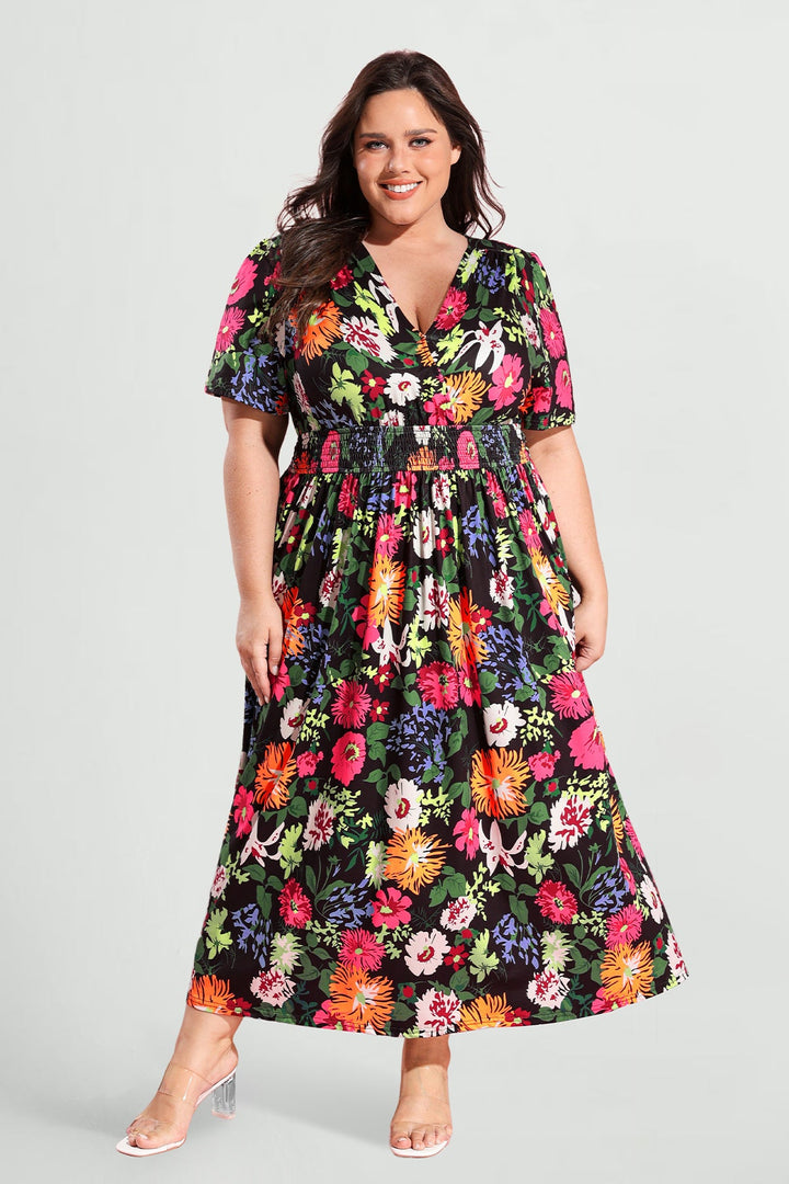 Pockets Smocked Waist Stars Print A-line Maxi Dress