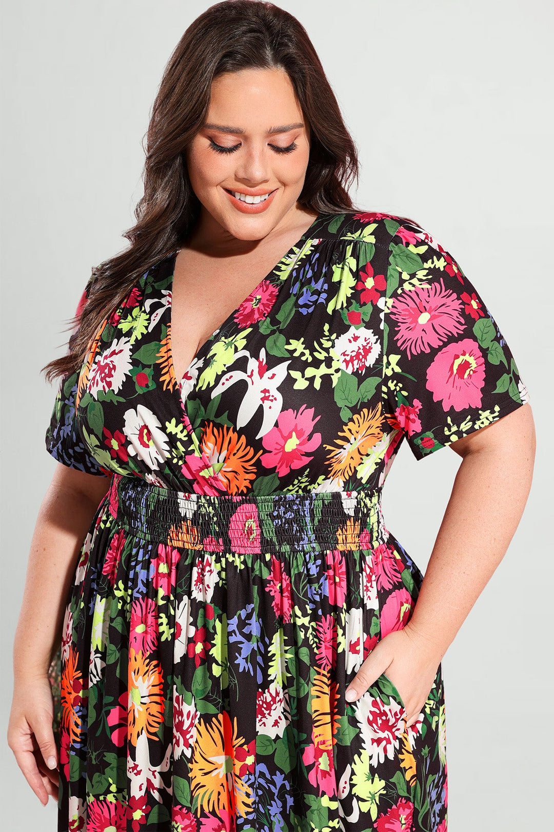 Pockets Elasticated Waist Floral A-line Maxi Dress