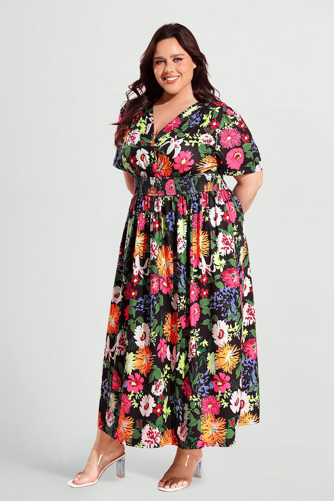 Pockets Smocked Waist Stars Print A-line Maxi Dress