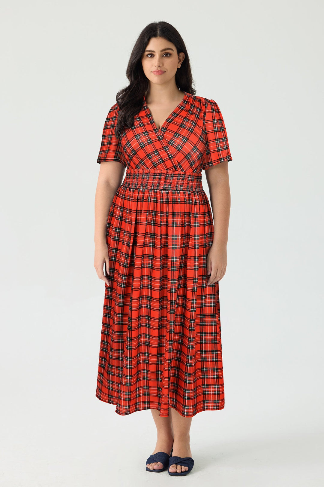 Pockets Smocked Waist Red Plaid A-line Maxi Dress