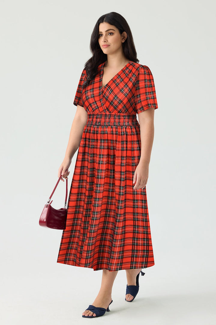 Pockets Smocked Waist Red Plaid A-line Maxi Dress