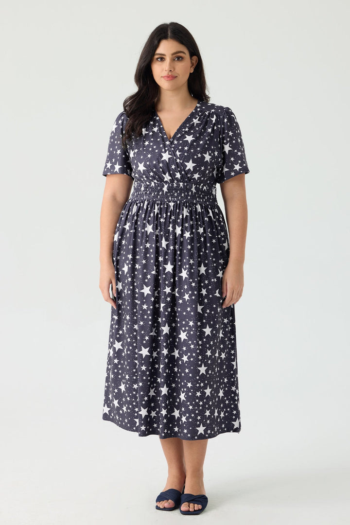 Pockets Smocked Waist Stars Print A-line Maxi Dress