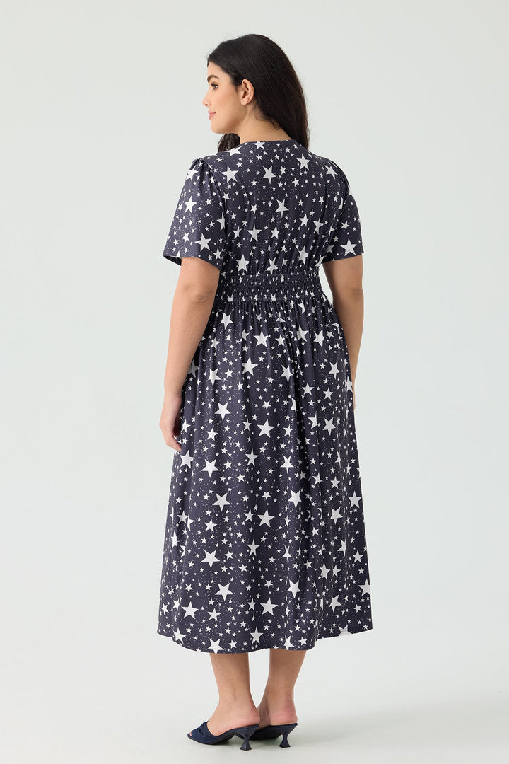 Pockets Smocked Waist Stars Print A-line Maxi Dress