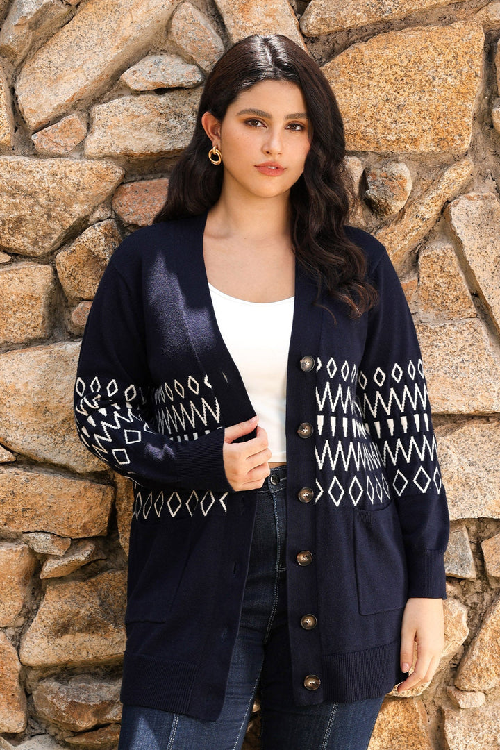 Pockets Aztec Pattern Button-Up Knit Cardigan