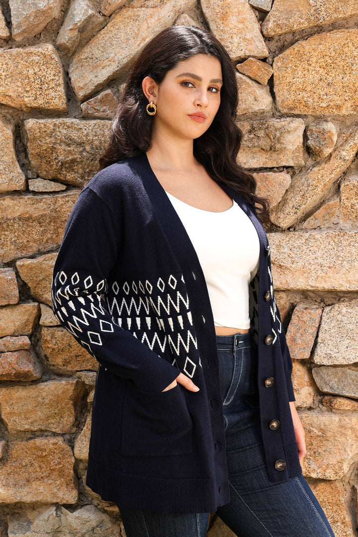 Pockets Aztec Pattern Button-Up Knit Cardigan