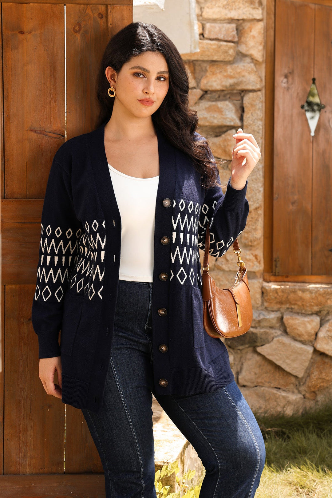 Pockets Aztec Pattern Button-Up Knit Cardigan