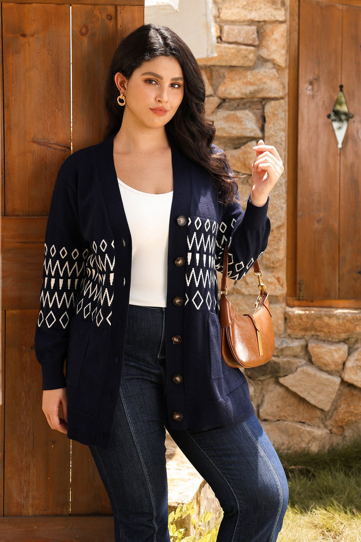 Pockets Aztec Pattern Button-Up Knit Cardigan