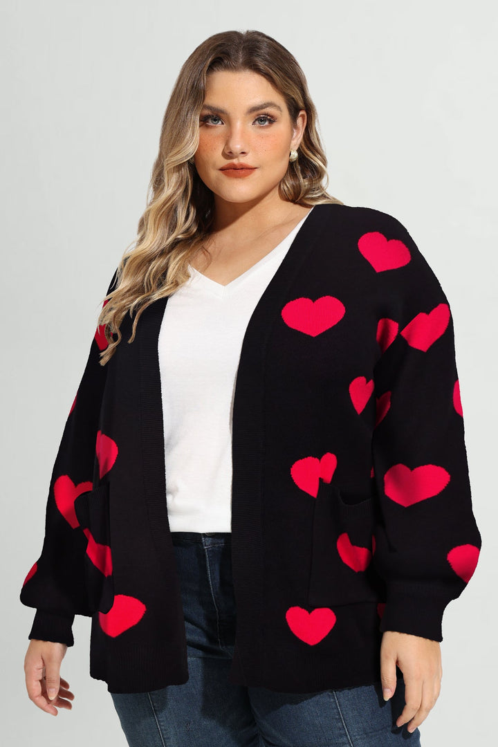 Pockets Open Front Heart-Patterned Knit Cardigan