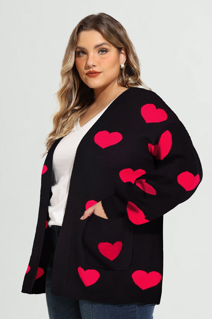 Pockets Open Front Heart-Patterned Knit Cardigan