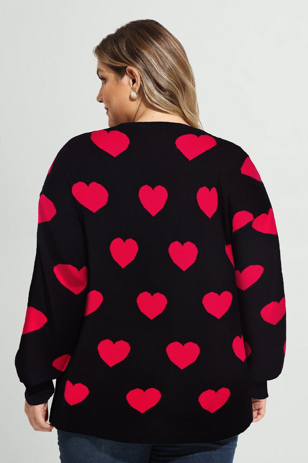 Pockets Open Front Heart-Patterned Knit Cardigan